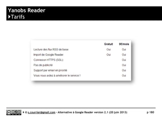 Feedspot Gold
}Avantages
 Pas de pub
 Recherche : syntaxe avancée
►Pas actuellement, fonctions identiques à la version gratuite
 Partage en un clic sur Evernote, Pocket, Instapaper, Readability, Buffer,
Twitter, Facebook
 Fils RSS sur les dossiers et les tags
 Veille sur mots-clés
►Fonction identique à la version gratuite
Serge Courrier ►► 2014 ►► 180
 