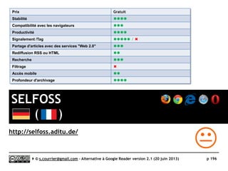 HAMBOX RSS
rss.hambox.fr
J
Prix Gratuit
Stabilité/rapidité 
Compatibilité avec les navigateurs 
Productivité 
Signalement/Tag /
Rediffusion d'article vers des services "Web 2.0" 
Rediffusion d'articles via RSS ou HTML 
Recherche 
Filtrage 
Accès mobile 
Profondeur d’archivage Exprimée en nombre de jours… ou illimitée
( )
Serge Courrier ►► 2014 ►► 196
 