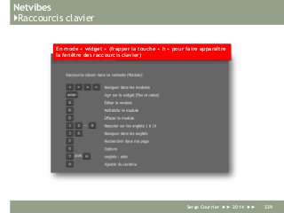 Netvibes
}Raccourcis clavier
Serge Courrier ►► 2014 ►► 229
En mode « widget » (frapper la touche « h » pour faire apparaître
la fenêtre des raccourcis clavier)
 