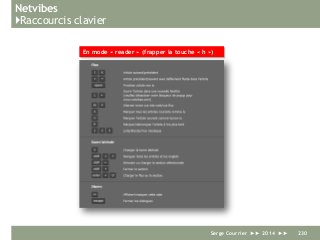 Netvibes
}Raccourcis clavier
Serge Courrier ►► 2014 ►► 230
En mode « reader » (frapper la touche « h »)
 