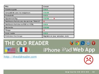 THE OLD READER
http://theoldreader.com
L
Prix Gratuit
Stabilité/rapidité 
Compatibilité avec les navigateurs 
Productivité 
Signalement/Tag  / 
Rediffusion d'article vers des services "Web 2.0" 
Rediffusion d'articles via RSS ou HTML 
Recherche 
Filtrage 
Accès mobile 
Profondeur d’archivage Réglable en jour, semaines, mois
( ) Web App
Serge Courrier ►► 2014 ►► 261
 