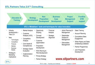 STL Partners Telco 2.0™ Consulting www.stlpartners.com   Education &  Training Strategy  Development New  Proposition Development Business Case  Development Project  Management Support Frontline  GTM  support  STL’s ‘ Mindshare’   tools and techniques for value innovation Industry developments – Telco 2.0 New: Technologies Competitors Products Markets Business Models Strategy & Marketing implications Market Analysis Customer Analysis (VOC) Competitors Analysis Core Assets & Competencies Strategic Option Evaluation Implementation Planning Opportunity Scoping Concept Development Customer segmentation Proposition Development POC Planning & Pilot Development Pricing Strategy Partner Strategy Financial Analysis Strategic Alignment Action Planning & Management Stakeholder Analysis & Management Deliverables Management Sales Training Account Planning Consultative Sales Engagement White Papers and Sales & Marketing Collateral Partner Programmes Joint Proposition Development 