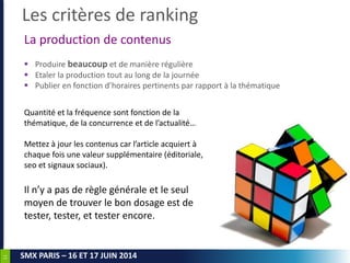 11
SMX PARIS – 16 ET 17 JUIN 2014
La production de contenus
 Produire beaucoup et de manière régulière
 Etaler la produc...