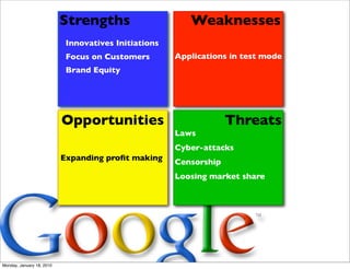 Strengths                     Weaknesses
                            Innovatives Initiations
                            Focus on Customers        Applications in test mode
                            Brand Equity




                           Opportunities                           Threats
                                                      Laws
                                                      Cyber-attacks
                           Expanding proﬁt making     Censorship
                                                      Loosing market share




Monday, January 18, 2010
 