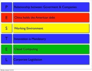 P                  Relationship between Goverment & Companies


        E                  China holds the American debt


        S                  Working Environment


        T                  Innovation is Mandatory


        E                  Cloud Computing


        L              Corporate Legislation


Monday, January 18, 2010
 