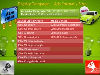 Display Campaign – Ads Format / Sizes
Acceptable file formats: .GIF, .JPG, .JPEG, .PNG, .SWF
File size limits: 150 KB or less for all files.
Desktop Laptop Platform

Mobile Devices

250 x 250 square

320 x 50 mobile leaderboard

200 x 200 small square

200 x 200 small square

468 x 60 banner

250 x 250 square

728 x 90 leaderboard

300 x 250 inline rectangle

300 x 250 inline rectangle
336 x 280 large rectangle
120 x 600 skyscraper
160 x 600 wide skyscraper
300 x 600 half-page ad
970 x 90 large leaderboard

 