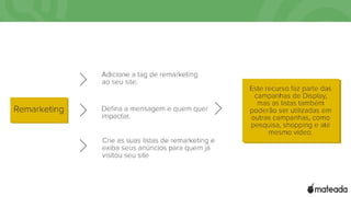 Remarketing
Adicione a tag de remarketing ao seu
site.
Defina a mensagem e quem quer
impactar.
Crie as suas listas de remarketing e
exiba seus anúncios para quem já
visitou seu site
Este recurso faz
parte das
campanhas de
Display, mas as
listas também
poderão ser
utilizadas em outras
campanhas, como
pesquisa, shopping
e até mesmo vídeo.
 