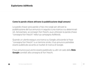 CNA Cesena: Google AdWords #2014 04/2014 13
Esploriamo AdWords
Come le parole chiave attivano la pubblicazione degli annunci
!
Le parole chiave sono parole o frasi che scegli per attivare la
pubblicazione del tuo annuncio in seguito a una ricerca o su determinati
siti. Ad esempio, se consegni ﬁori freschi, puoi utilizzare la parola chiave
"consegna ﬁori freschi" nella tua campagna AdWords.
!
Quando un utente esegue una ricerca su Google utilizzando la frase
"consegna ﬁori freschi" o un termine simile, il tuo annuncio potrebbe
essere pubblicato accanto ai risultati di ricerca di Google.
!
Il tuo annuncio può anche essere pubblicato su altri siti web della Rete
Google correlati alla consegna di ﬁori freschi.
 
