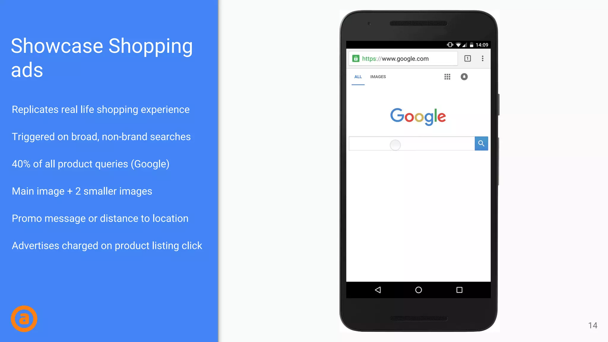 Showcase Shopping
ads
Replicates real life shopping experience
Triggered on broad, non-brand searches
40% of all product queries (Google)
Main image + 2 smaller images
Promo message or distance to location
Advertises charged on product listing click
14
 