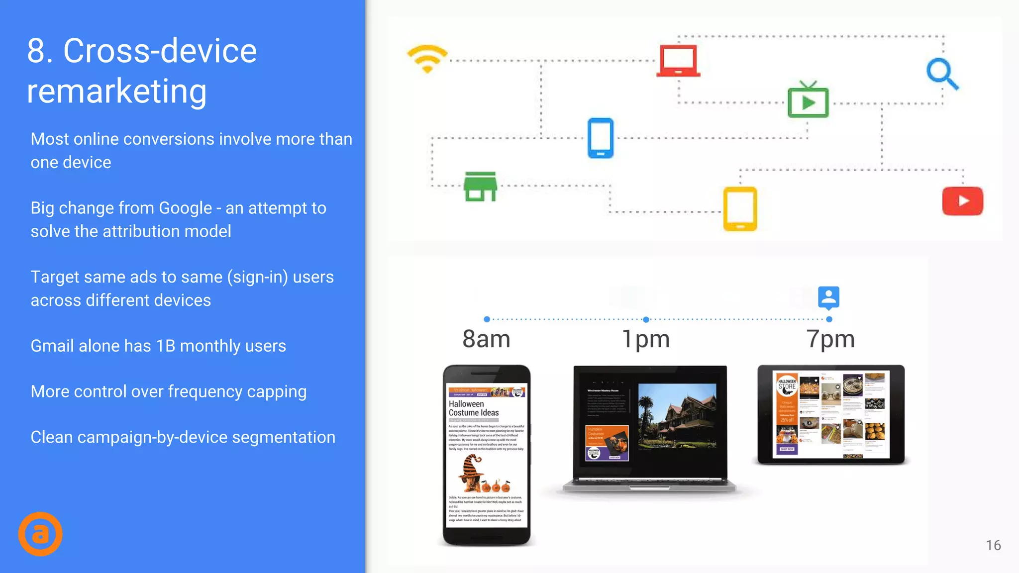 Most online conversions involve more than
one device
Big change from Google - an attempt to
solve the attribution model
Target same ads to same (sign-in) users
across different devices
Gmail alone has 1B monthly users
More control over frequency capping
Clean campaign-by-device segmentation
8. Cross-device
remarketing
16
 