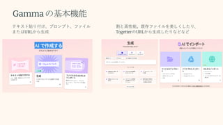 Gammaの基本機能
テキスト貼り付け、プロンプト、ファイル
またはURLから生成
割と高性能。既存ファイルを美しくしたり、
TogetterのURLから生成したりなどなど
 