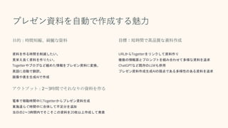 プレゼン資料を自動で作成する魅力
目的：時間短縮、綺麗な資料
資料を作る時間を削減したい。
見栄え良く資料を作りたい。
Togetterやブログなど纏めた情報をプレゼン資料に変換。
英語に自動で翻訳。
画像や表を生成AIで作成
目標：短時間で高品質な資料作成
URLからTogetterをリンクして資料作り
複数の情報源とプロンプトを組み合わせて多様な資料を追求
ChatGPTなど既存のLLMも併用
プレゼン資料作成生成AIの弱点である多様性のある資料を追求
アウトプット：2〜3時間でそれなりの資料を作る
電車で移動時間中にTogetterからプレゼン資料生成
東海道らぐ時間中に合体して不足分を追加
当日の2〜3時間内でそこそこの資料を20枚以上作成して発表
 