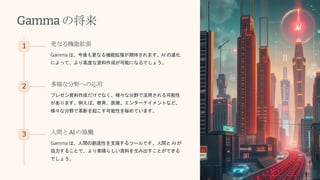 Gammaの将来
1 更なる機能拡張
Gamma は、今後も更なる機能拡張が期待されます。AI の進化
によって、より高度な資料作成が可能になるでしょう。
2 多様な分野への応用
プレゼン資料作成だけでなく、様々な分野で活用される可能性
があります。例えば、教育、医療、エンターテイメントなど、
様々な分野で革新を起こす可能性を秘めています。
3 人間とAIの協働
Gamma は、人間の創造性を支援するツールです。人間と AI が
協力することで、より素晴らしい資料を生み出すことができる
でしょう。
 