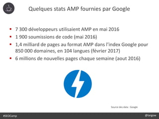 Quelques stats AMP fournies par Google
 7 300 développeurs utilisaient AMP en mai 2016
 1 900 soumissions de code (mai 2016)
 1,4 milliard de pages au format AMP dans l’index Google pour
850 000 domaines, en 104 langues (février 2017)
 6 millions de nouvelles pages chaque semaine (aout 2016)
@largow / @gbournizien
Source des data : Google
#SEOCamp @largow
 