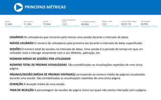 USUÁRIOS Os utilizadores que iniciaram pelo menos uma sessão durante o intervalo de datas
NOVOS USUÁRIOS O número de utilizadores pela primeira vez durante o intervalo de datas especificado.
SESSÕES O número total de sessões no intervalo de datas. Uma sessão é o período de tempo em que um
utilizador está a interagir ativamente com o seu Website, aplicação, etc.
NÚMERO MÉDIO DE SESSÕES POR UTILIZADOR
NÚMERO TOTAL DE PÁGINAS VISUALIZADAS São contabilizadas as visualizações repetidas de uma única
página.
PÁGINAS/SESSÃO (MÉDIA DE PÁGINAS VISITADAS) corresponde ao número médio de páginas visualizadas
durante uma sessão. São contabilizadas as visualizações repetidas de uma única página.
DURAÇÃO A duração média de uma sessão.
TAXA DE REJEIÇÃO A percentagem de sessões de página única nas quais não existiu interação com a página.
PRINCIPAIS MÉTRICAS
 