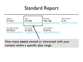 Standard Report 
How many users viewed or interacted with your 
content within a specific date range. 
 