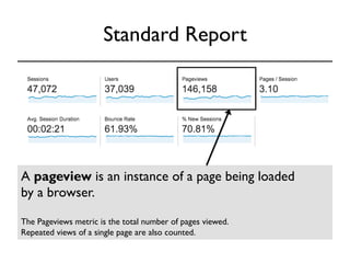 Standard Report 
A pageview is an instance of a page being loaded 
by a browser. 
The Pageviews metric is the total number of pages viewed. 
Repeated views of a single page are also counted. 
 