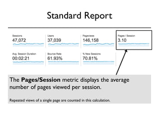 Standard Report 
The Pages/Session metric displays the average 
number of pages viewed per session. 
Repeated views of a single page are counted in this calculation. 
 
