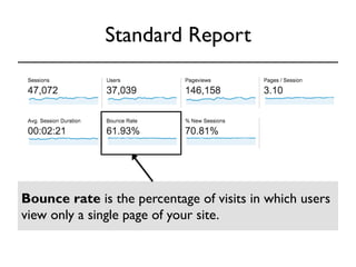 Standard Report 
Bounce rate is the percentage of visits in which users 
view only a single page of your site. 
 