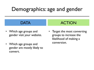 Demographics: age and gender 
DATA 
• Which age groups and 
gender visit your website. 
• Which age groups and 
gender are mostly likely to 
convert. 
ACTION 
• Target the most converting 
groups to increase the 
likelihood of making a 
conversion. 
 