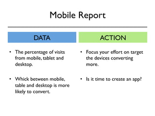 Mobile Report 
DATA ACTION 
• Focus your effort on target 
the devices converting 
more. 
• Is it time to create an app? 
• The percentage of visits 
from mobile, tablet and 
desktop. 
• Whick between mobile, 
table and desktop is more 
likely to convert. 
 