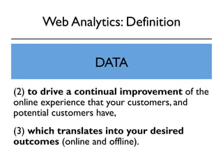 Web Analytics: Definition 
(1) the analysis of qualitative and 
quantitative data from DATA 
your website and the 
competition, 
(2) to drive a continual improvement of the 
online experience that your customers, and 
potential customers have, 
(3) which translates into your desired 
outcomes (online and offline). 
 