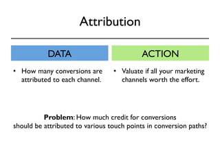 Attribution 
DATA ACTION 
• How many conversions are 
attributed to each channel. 
• Valuate if all your marketing 
channels worth the effort. 
Problem: How much credit for conversions 
should be attributed to various touch points in conversion paths? 
 