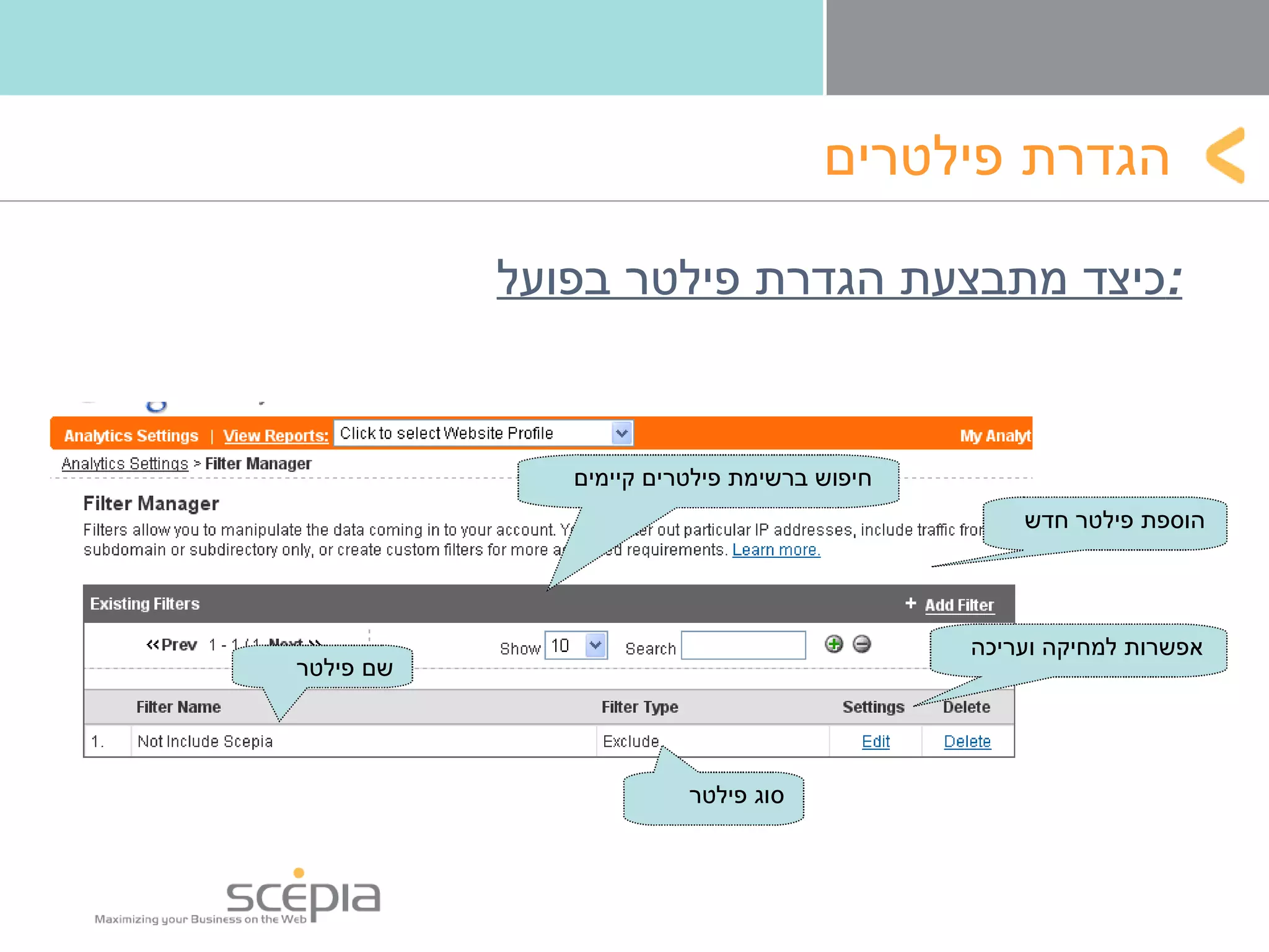 הגדרת   פילטרים כיצד מתבצעת הגדרת פילטר בפועל : הוספת פילטר חדש חיפוש ברשימת פילטרים קיימים אפשרות למחיקה ועריכה סוג פילטר שם פילטר 