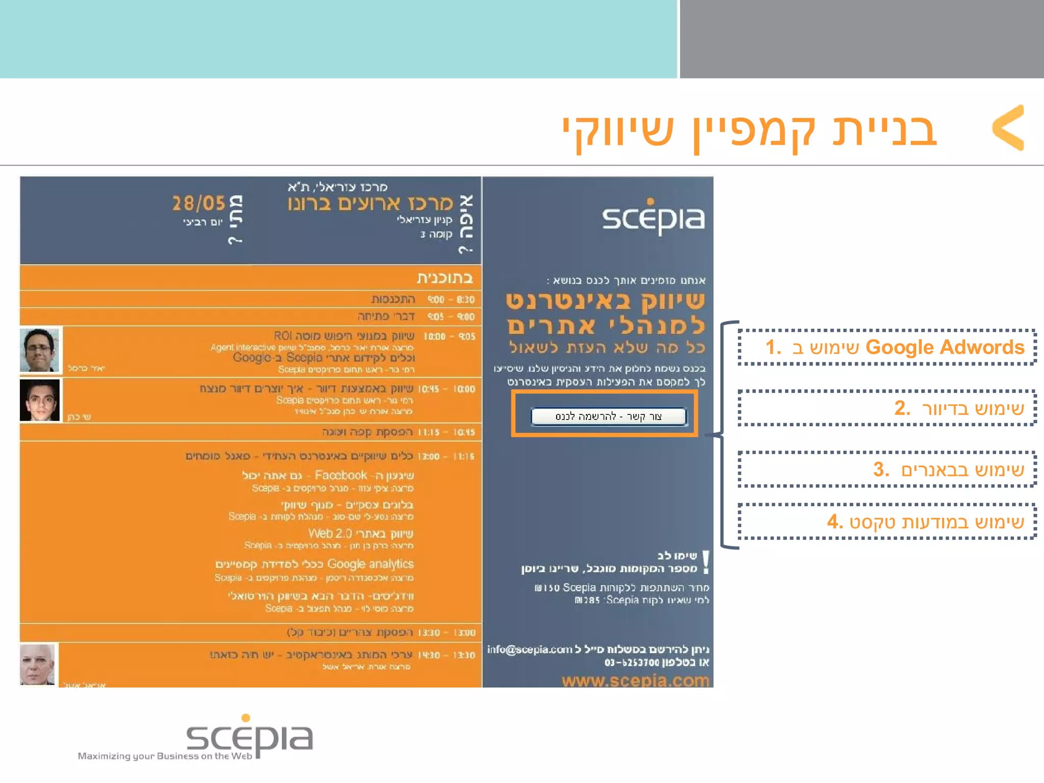 בניית קמפיין שיווקי 1.  שימוש ב  Google Adwords 2.  שימוש בדיוור  3.  שימוש בבאנרים  4.  שימוש במודעות טקסט 