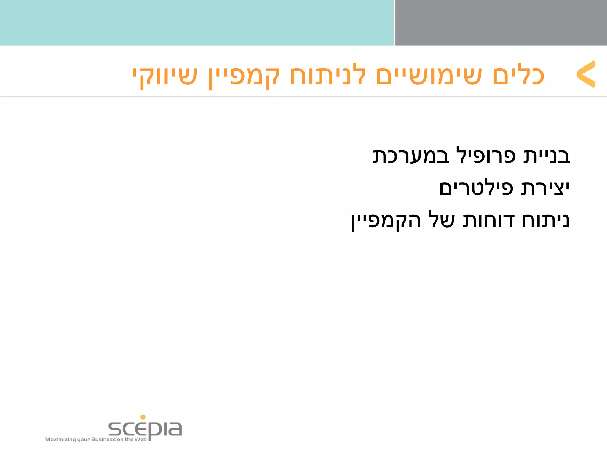 כלים שימושיים לניתוח קמפיין שיווקי בניית פרופיל במערכת יצירת פילטרים  ניתוח דוחות של הקמפיין 
