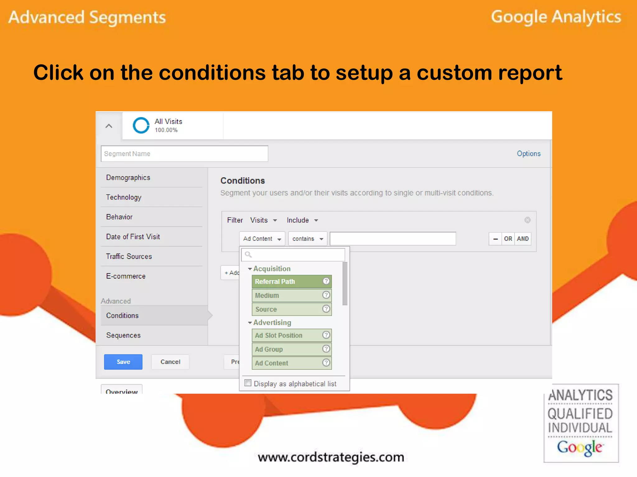 Click on the conditions tab to setup a custom report
 