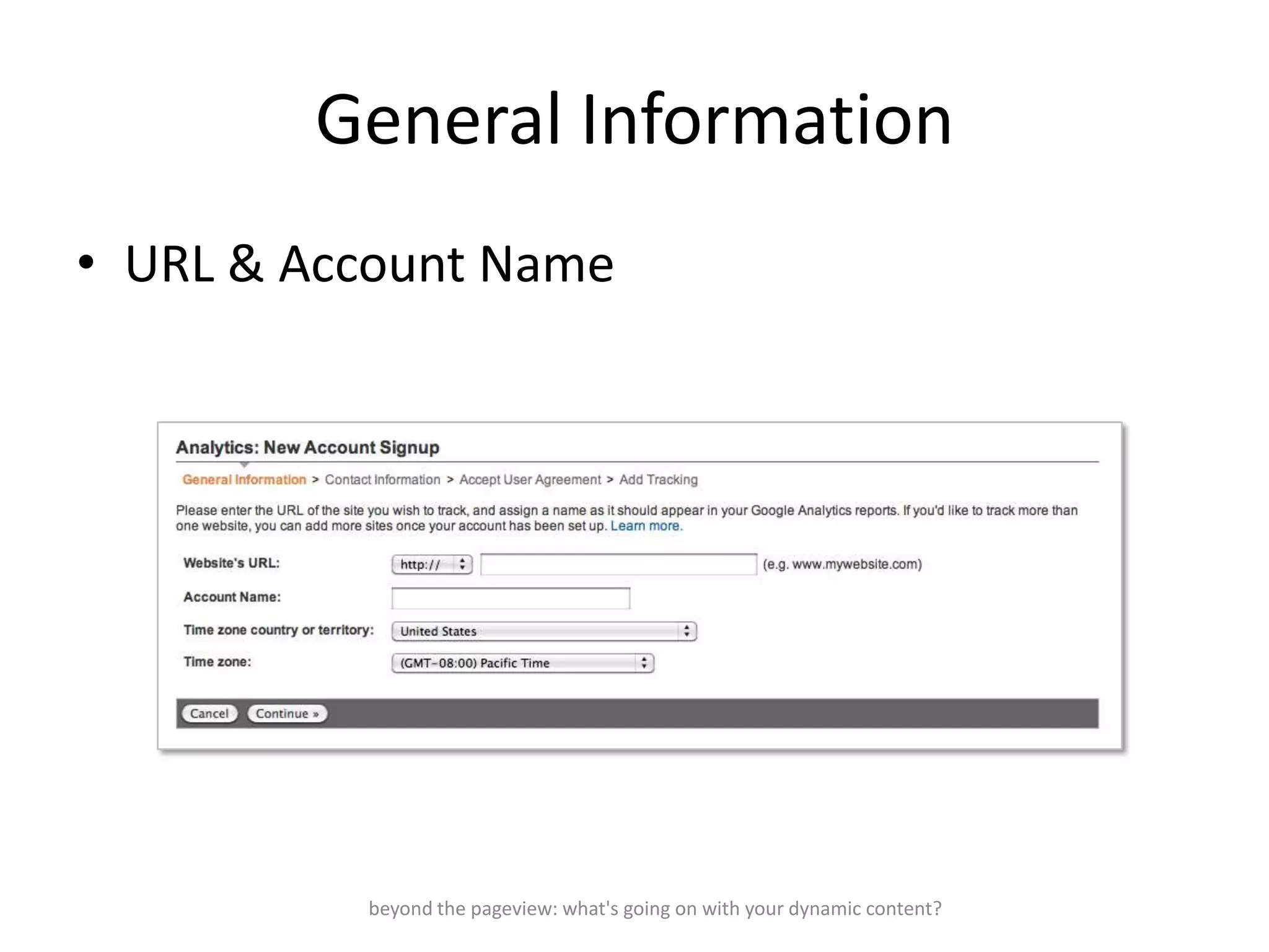 General Information
• URL & Account Name




          beyond the pageview: what's going on with your dynamic content?
 