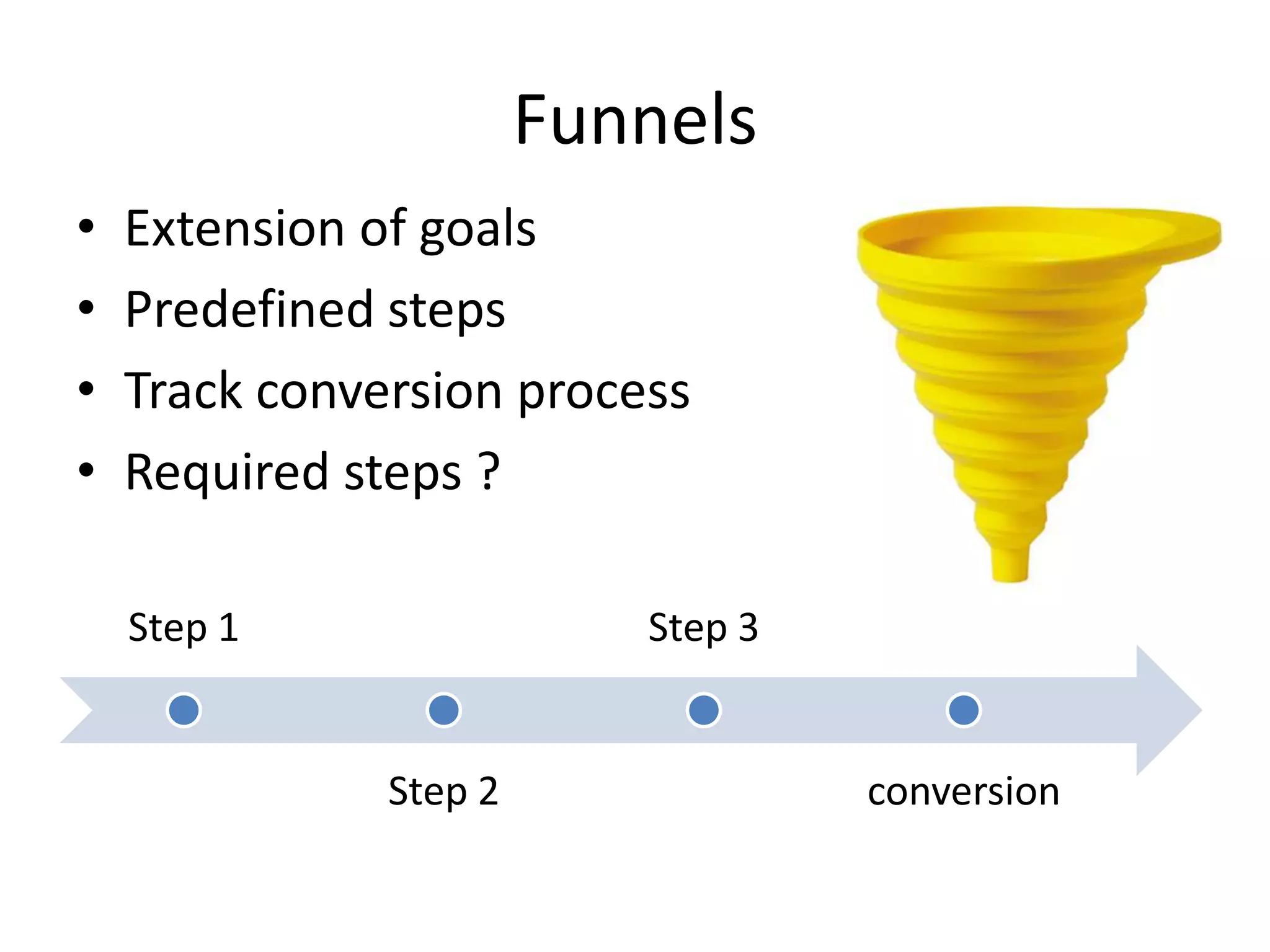 Funnels
•   Extension of goals
•   Predefined steps
•   Track conversion process
•   Required steps ?

    Step 1                 Step 3


               Step 2               conversion
 