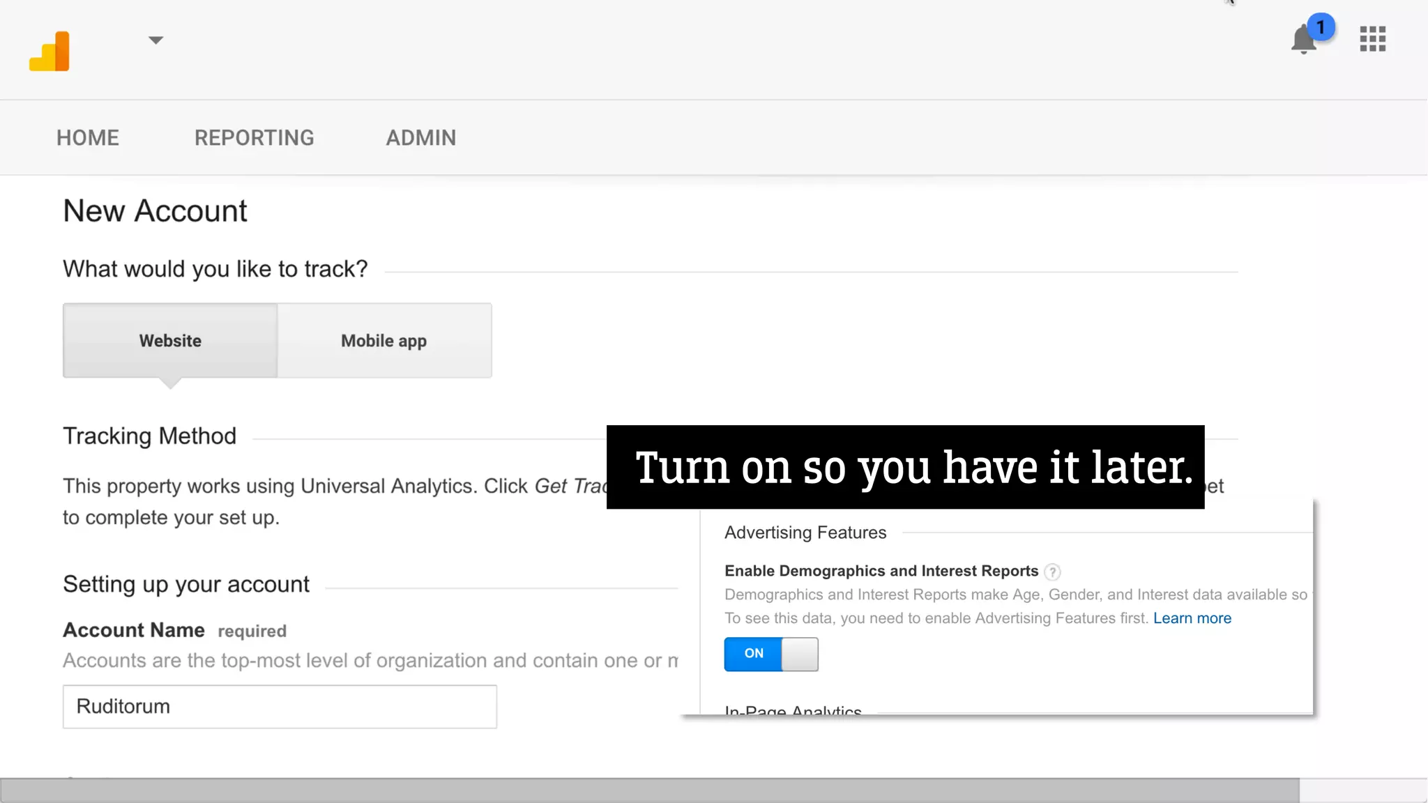 Turn on so you have it later.
 