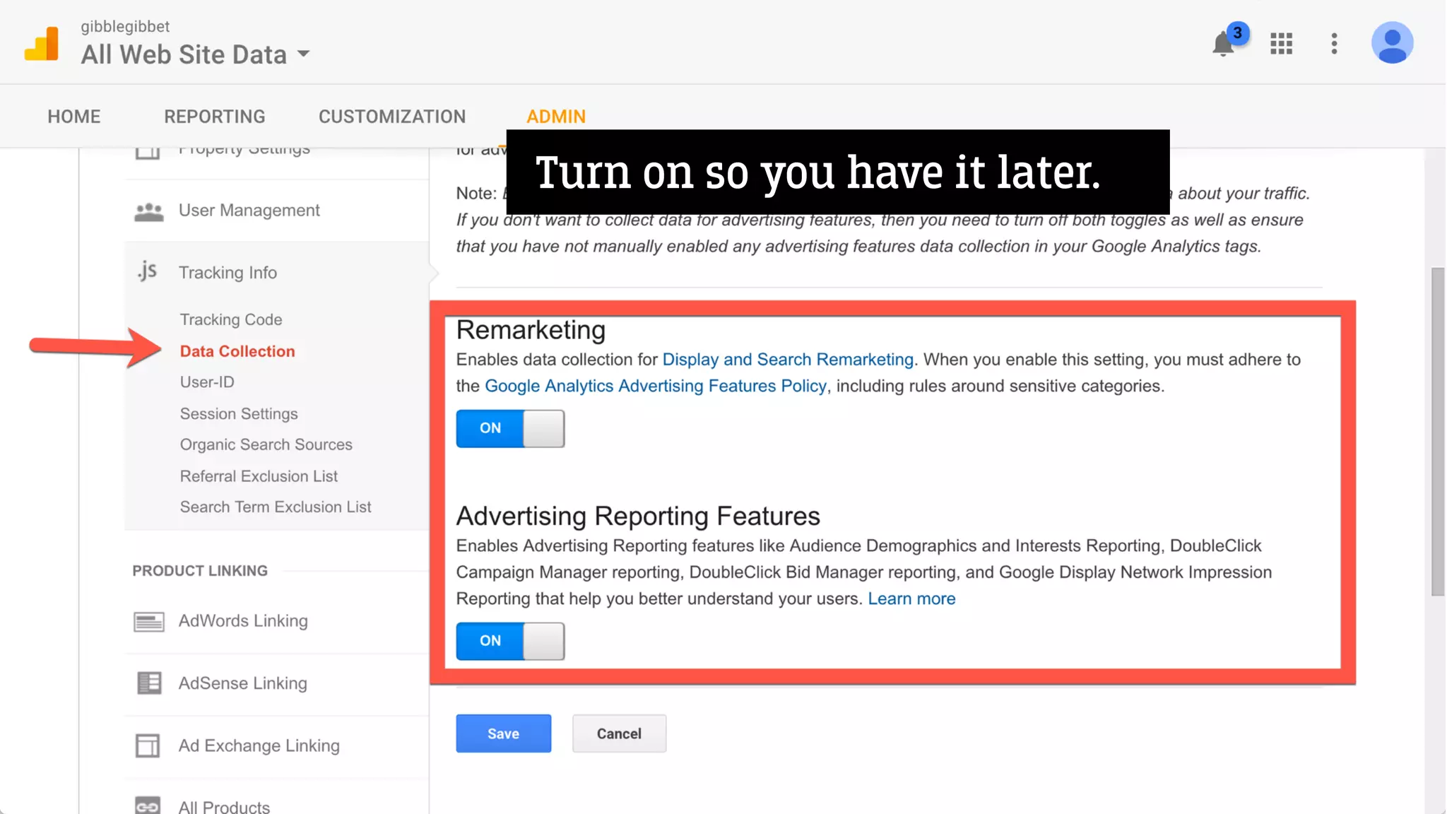 Turn on so you have it later.
 
