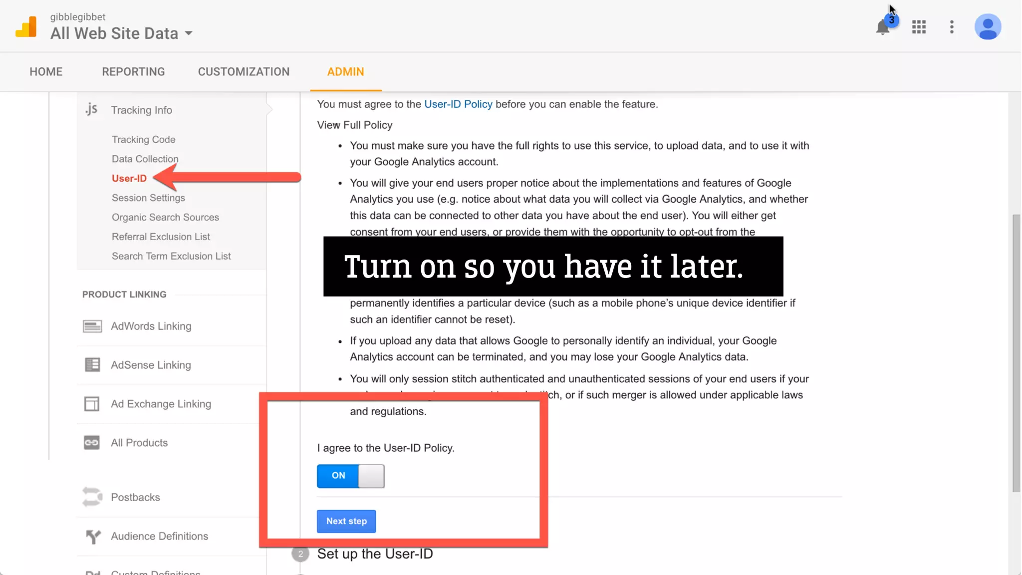 Turn on so you have it later.
 