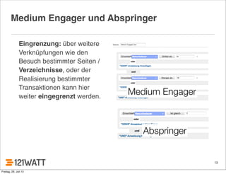 13
Medium Engager und Abspringer
Eingrenzung: über weitere
Verknüpfungen wie den
Besuch bestimmter Seiten /
Verzeichnisse, oder der
Realisierung bestimmter
Transaktionen kann hier
weiter eingegrenzt werden.
Medium Engager
Abspringer
Freitag, 26. Juli 13
 
