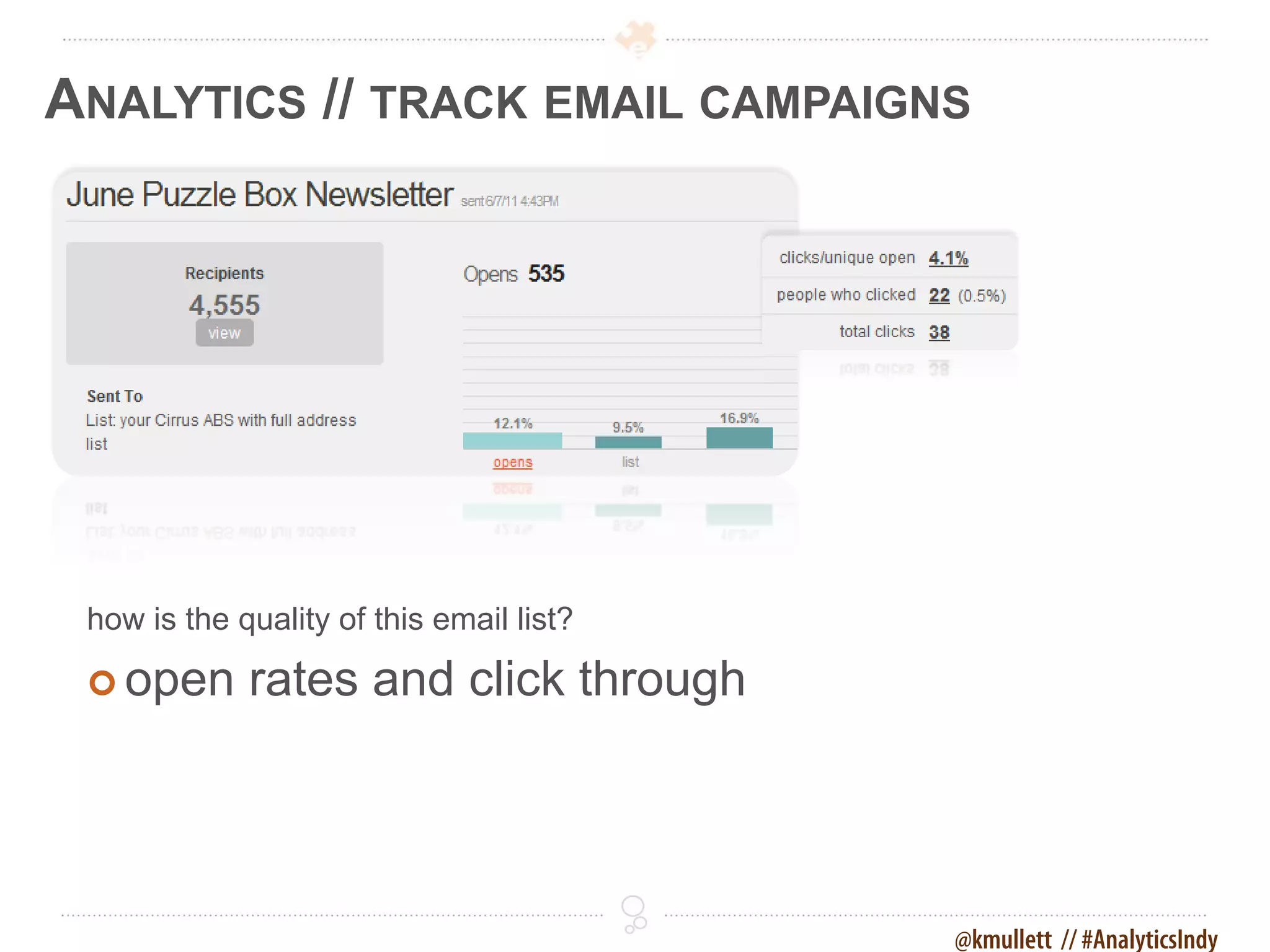 ANALYTICS // TRACK EMAIL CAMPAIGNS




 how is the quality of this email list?

  open      rates and click through




                                          @kmullett // #AnalyticsIndy
 