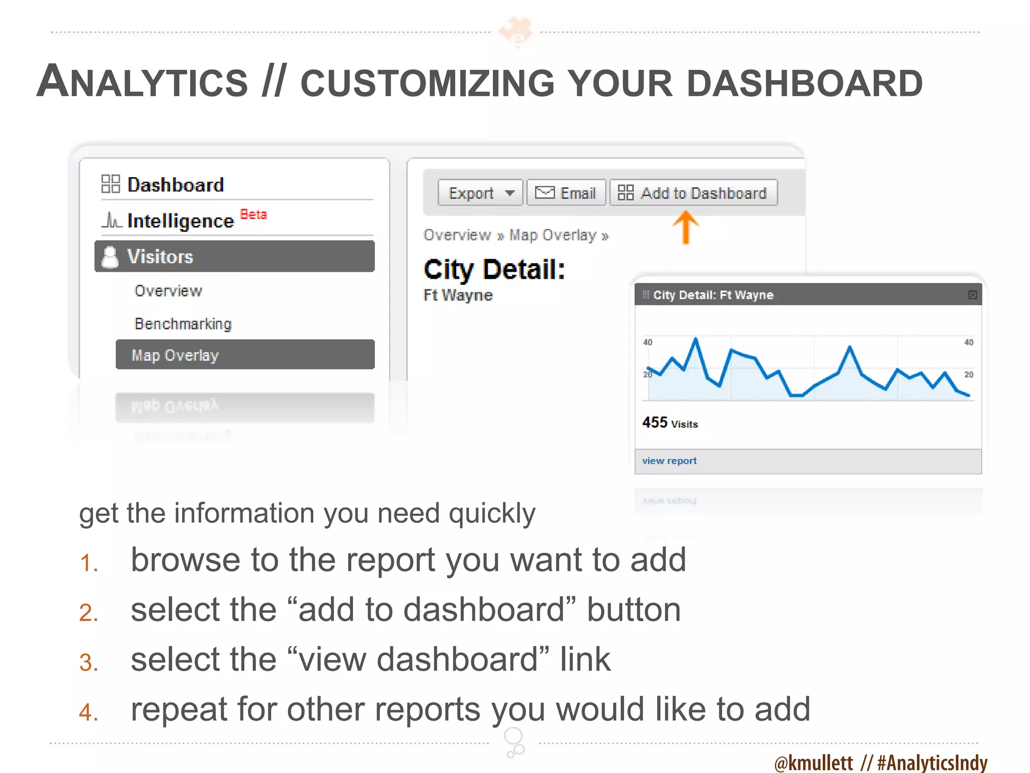 ANALYTICS // CUSTOMIZING YOUR DASHBOARD




 get the information you need quickly
 1.   browse to the report you want to add
 2.   select the “add to dashboard” button
 3.   select the “view dashboard” link
 4.   repeat for other reports you would like to add
                                                 @kmullett // #AnalyticsIndy
 