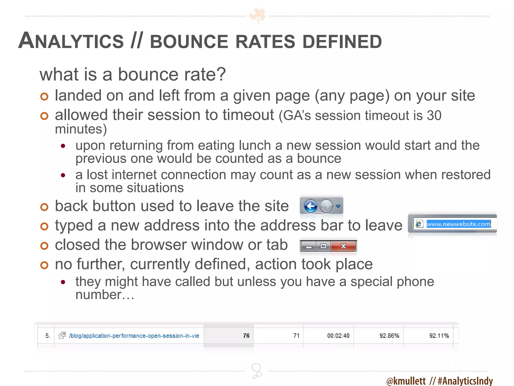 ANALYTICS // BOUNCE RATES DEFINED
 what is a bounce rate?
    landed on and left from a given page (any page) on your site
    allowed their session to timeout (GA’s session timeout is 30
     minutes)
      upon returning from eating lunch a new session would start and the
        previous one would be counted as a bounce
      a lost internet connection may count as a new session when restored
        in some situations
    back button used to leave the site
    typed a new address into the address bar to leave
    closed the browser window or tab
    no further, currently defined, action took place
        they might have called but unless you have a special phone
         number…




                                                           @kmullett // #AnalyticsIndy
 