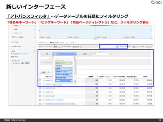 新しいインターフェース
 「アドバンスフィルタ」…データテーブルを任意にフィルタリング
 「社名系キーワード」「ビッグキーワード」「商品ページディレクトリ」など、フィルタリング表示




Cinci http://cinci.jp/                           16
 
