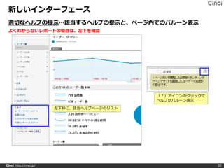新しいインターフェース
 適切なヘルプの提示…該当するヘルプの提示と、ページ内でのバルーン表示
 よくわからないレポートの場合は、左下を確認




                                             「？」アイコンのクリックで
                                             ヘルプがバルーン表示

                         左下枠に、該当ヘルプページのリスト




Cinci http://cinci.jp/                                       20
 