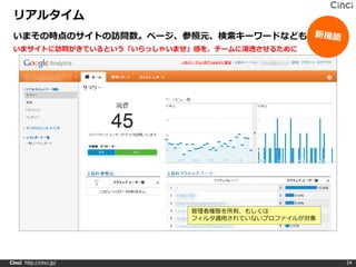 リアルタイム
 いまその時点のサイトの訪問数。ページ、参照元、検索キーワードなども
 いまサイトに訪問がきているという「いらっしゃいませ」感を、チームに浸透させるために




                          管理者権限を所有、もしくは
                          フィルタ適用されていないプロファイルが対象




Cinci http://cinci.jp/                            24
 