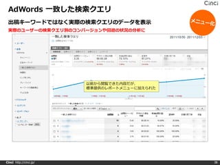 AdWords 一致した検索クエリ
 出稿キーワードではなく実際の検索クエリのデータを表示
 実際のユーザーの検索クエリ別のコンバージョンや回遊の状況の分析に




                         以前から閲覧できた内容だが、
                         標準提供のレポートメニューに加えられた




Cinci http://cinci.jp/                         38
 
