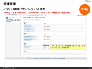 管理画面
 イベントの目標（コンバージョン）設定
 「URL」「サイト滞在時間」「訪問別PV数」「イベント」の4種類でCV設定可能に




                             イベントトラッキングで利用する「イベント」が
                             コンバージョン設定可能に




Cinci http://cinci.jp/                                52
 