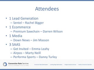 Attendees
• 1 Lead Generation
– Sentel – Rachel Bigger
• 1 Ecommerce
– Premium Sawchain – Darren Wilson
• 1 Media
– Down News – Jim Masson
• 3 SAAS
– Get Invited – Emma Leahy
– Airpos – Marty Neill
– Performa Sports – Danny Turley
 