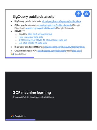 ML "building block" APIs
● Gain insights from data using GCP's
pre-trained machine learning models
● Leverage the same tec...