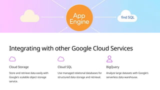 Integrating with other Google Cloud Services
Cloud Storage
Store and retrieve data easily with
Google's scalable object storage
service.
Cloud SQL
Use managed relational databases for
structured data storage and retrieval.
BigQuery
Analyze large datasets with Google's
serverless data warehouse.
 