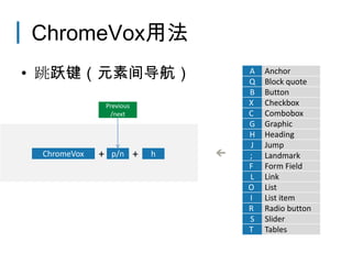 ChromeVox用法
• 跳跃键（元素间导航）                        A
                                    Q
                                        Anchor
                                        Block quote
                                    B   Button
                 Previous           X   Checkbox
                  /next             C   Combobox
                                    G   Graphic
                                    H   Heading
                                    J   Jump
 ChromeVox   +    p/n       +   h   ;   Landmark
                                    F   Form Field
                                    L   Link
                                    O   List
                                    I   List item
                                    R   Radio button
                                    S   Slider
                                    T   Tables
 
