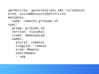 apiVersion: apiextensions.k8s.io/v1beta1
kind: CustomResourceDefinition
metadata:
name: remotes.gitkube.sh
spec:
group: gitkube.sh
version: v1alpha1
scope: Namespaced
names:
plural: remotes
singular: remote
kind: Remote
shortNames:
- rem
 